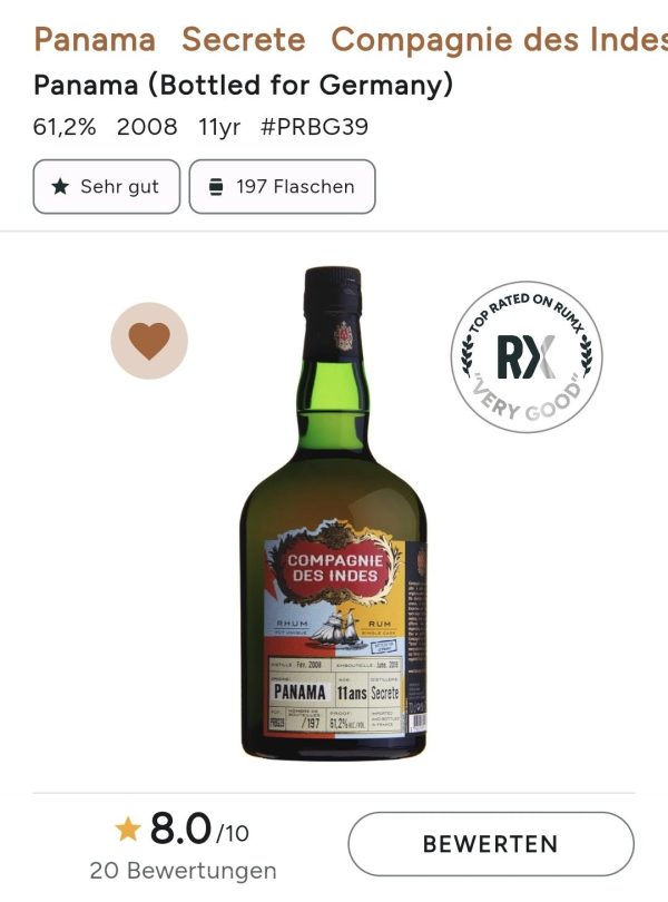 Compagnie des Indes Panama 2008 2019 11 0,7l 61,2 %vol. cdi Rhum Rum Fassabfüllung Sonderedition limitiert auf ein Fass Angebot – Bild 2