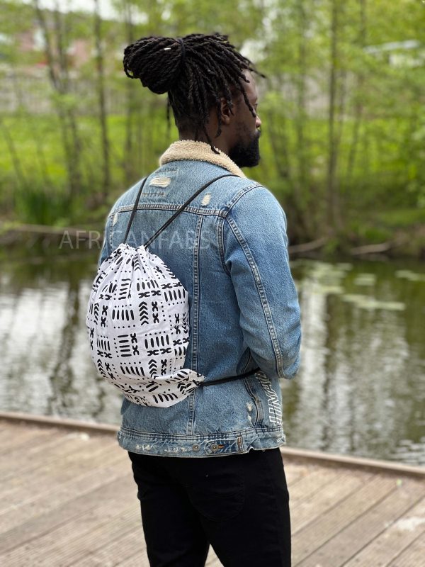 Afrikanischer Print Turnbeutel   Schulranzen   Sporttaschen   Kordelzugbeutel   Sport beutel   Gym Sack   Ankara Rucksack   Weiss schwarz bogolan Online – Bild 2