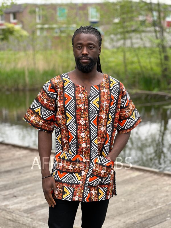Dashiki Shirt   Dashiki Kleid - Bogolan Braun   orange - Afrikanisches Top - Unisex Im Angebot