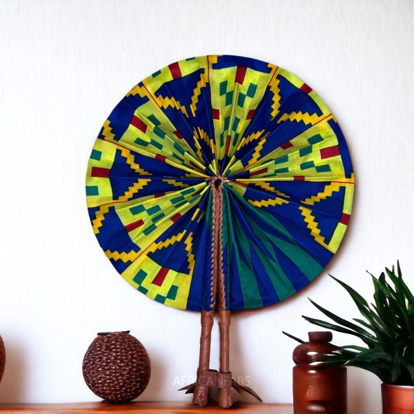 Afrikanischer Handfächer - Ankara Druck Handfächer - Abena - Blau   Gelb kente Jetzt online – Bild 2
