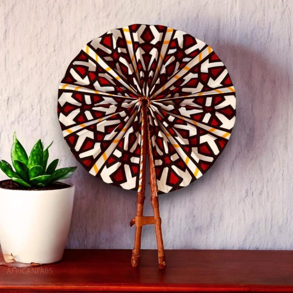 Afrikanischer Handfächer - Ankara Druck Handfächer - Ebo - Weiß   rot Im Angebot