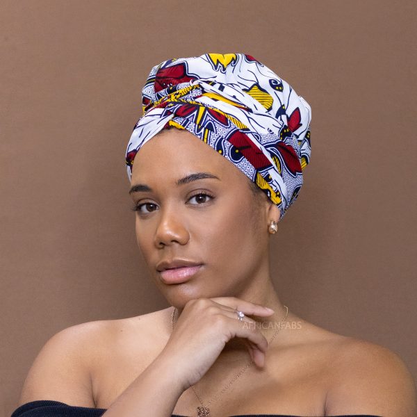 Easy headwrap   einfaches Kopftuch - Satinfutter - Weiß rot   gelb flower Schn?ppchen