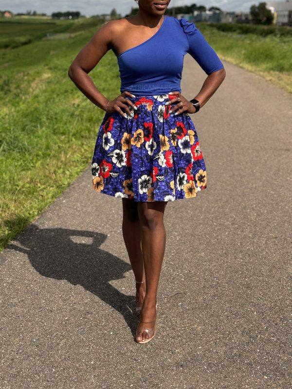 Afrikanischer Print Minirock -  Blau Flowers  Im Angebot