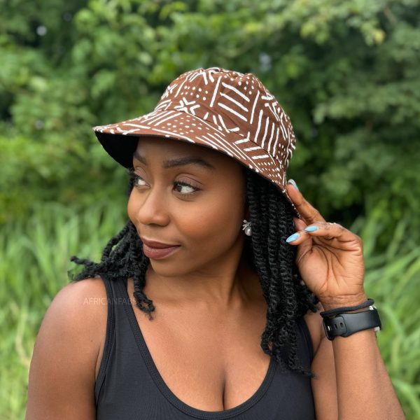 Bucket hat   Fischerhut mit afrikanischem Print - Braun Bogolan - Kinder & Erwachsene Größen (Unisex) Rabatt