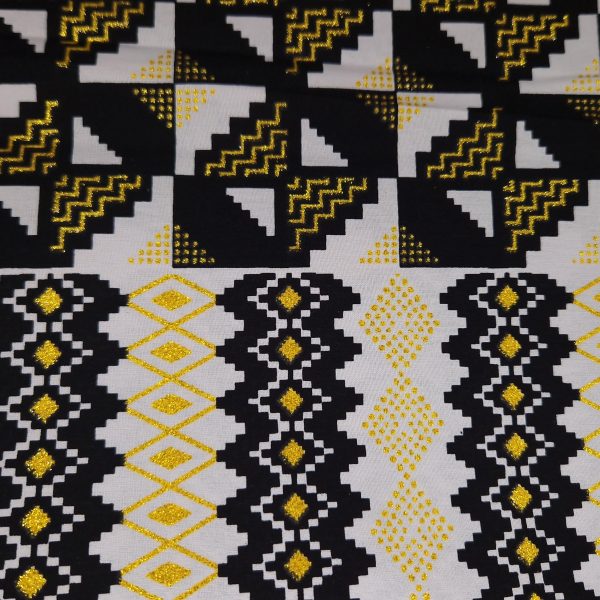 Afrikanischer Stoff - Exklusiv Verschönerte Glitzereffekte 100% Baumwolle - KT-3082 Kente Gold Schwarz Weiß Rabatt – Bild 2
