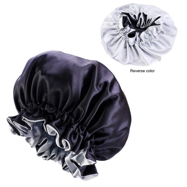 Schwarz   Graue Satin bonnet   Schlafhaube mit Krempe   Umkehrbares Hair Bonnet   Satin bonnet   Nachtmütze zum Schlafen Mode – Bild 2