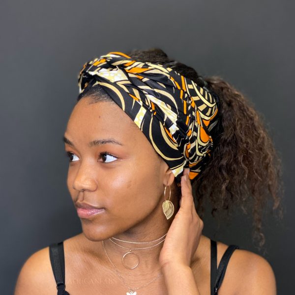 Afrikanisches Kopftuch   headwrap - Schwarz   Orange Waves Verkauf – Bild 2
