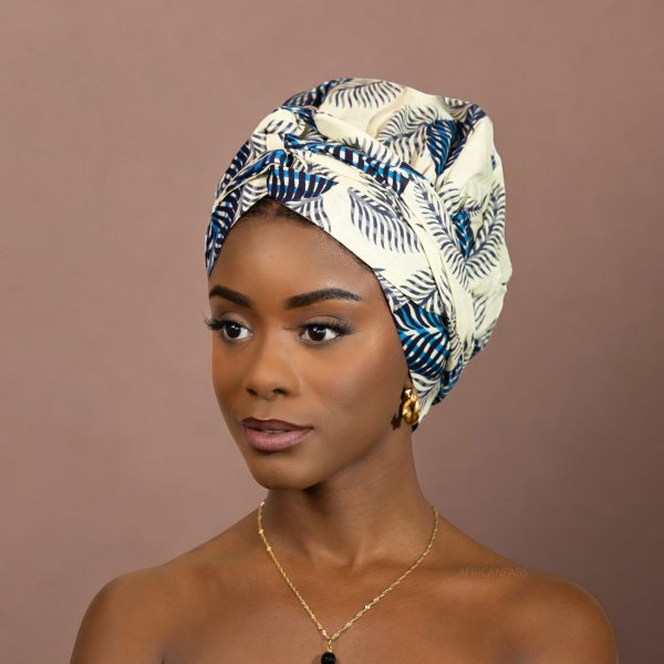 Easy headwrap   einfaches Kopftuch - Satinfutter -  Blaue weiße Blume Verkauf – Bild 2