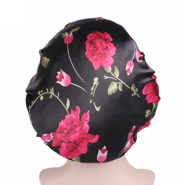 Schwarz Rosa Blumen Satin bonnet   Schlafhaube   Hair Bonnet   Nachtmütze Schn?ppchen – Bild 2