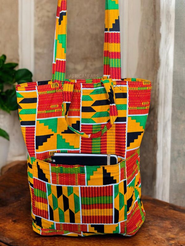 Shopper Tasche mit Afrikanischem Print - Gelb Grun Kente - Wiederverwendbare Einkaufstasche aus Baumwolle Jetzt online