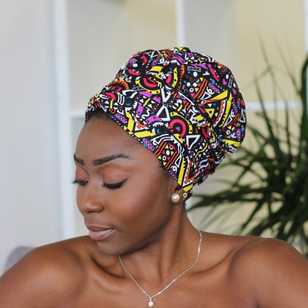 Easy headwrap   einfaches Kopftuch - Satinfutter - Gelb   Lila Tribal print Mode