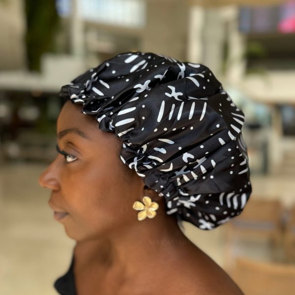 Schwarzer Bogolan Satin bonnet   Schlafhaube   Hair Bonnet   Nachtmütze zum Schlafen Online-Schn?ppchen